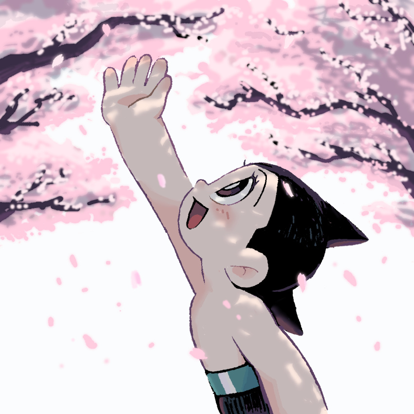 1boy atom_(tetsuwan_atom) black_hair brown_eyes cherry_blossoms commentary_request highres looking_up male_focus marias_(harako) open_mouth petals reaching smile solo tetsuwan_atom tree_shade