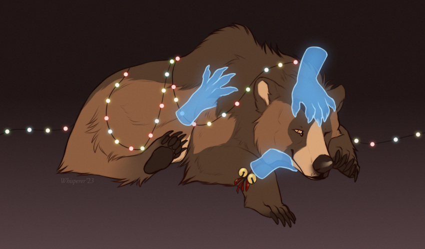bear bell brown_bear brown_body brown_fur brown_pawpads christmas christmas_lights disembodied_hand feral fur grizzly_bear hair holidays kuruk_(character) looking_at_viewer lying male mammal mane mane_hair on_front on_ground pawpads paws petting petting_body petting_head plantigrade quadruped ribbons rubbing_chin rubbing_head solo ursine whisperer
