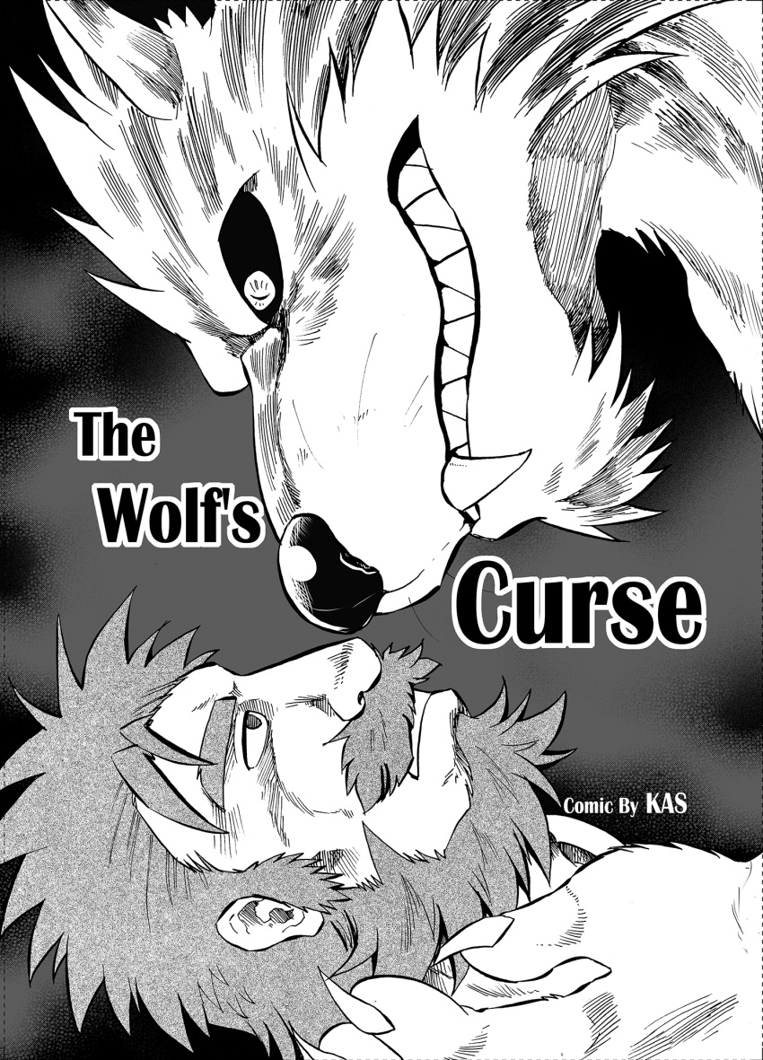 anthro beard canid canine canis claws comic cover cover_art cover_page digital_media_(artwork) duo english_text eye_contact facial_hair fangs fur hair hi_res holding_head human kas20241013 looking_at_another male male/male mammal mustache teeth text wolf
