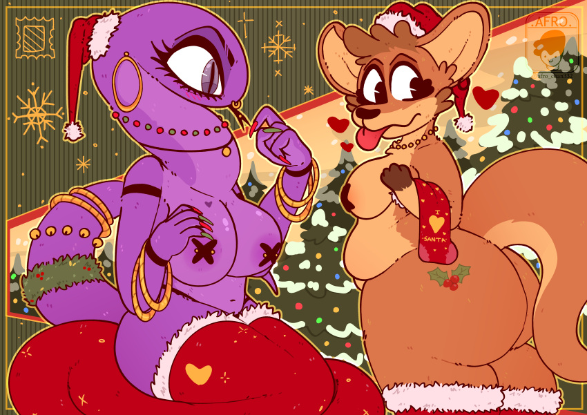 absurd_res afro_chan332 anthro big_breasts big_butt breasts butt christmas duo female hi_res holidays kangaroo macropod mammal marsupial mature_female postcard reptile scalie snake