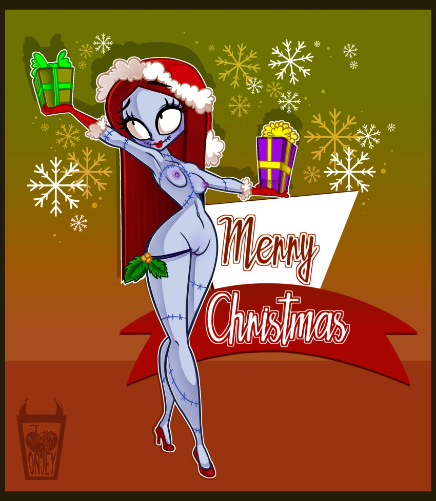 2017 absurd_res armwear_only blue_body blue_skin breasts brown_hair christmas christmas_clothing christmas_headwear clothing digital_media_(artwork) disney female footwear gift_box hair hat headgear headwear hi_res high_heels holidays humanoid j-madeye lipstick makeup mistletoe patchwork_creature pinup plant pose red_lipstick sally_(tnbc) santa_hat small_breasts snowflake solo stitch_(sewing) the_nightmare_before_christmas uncensored