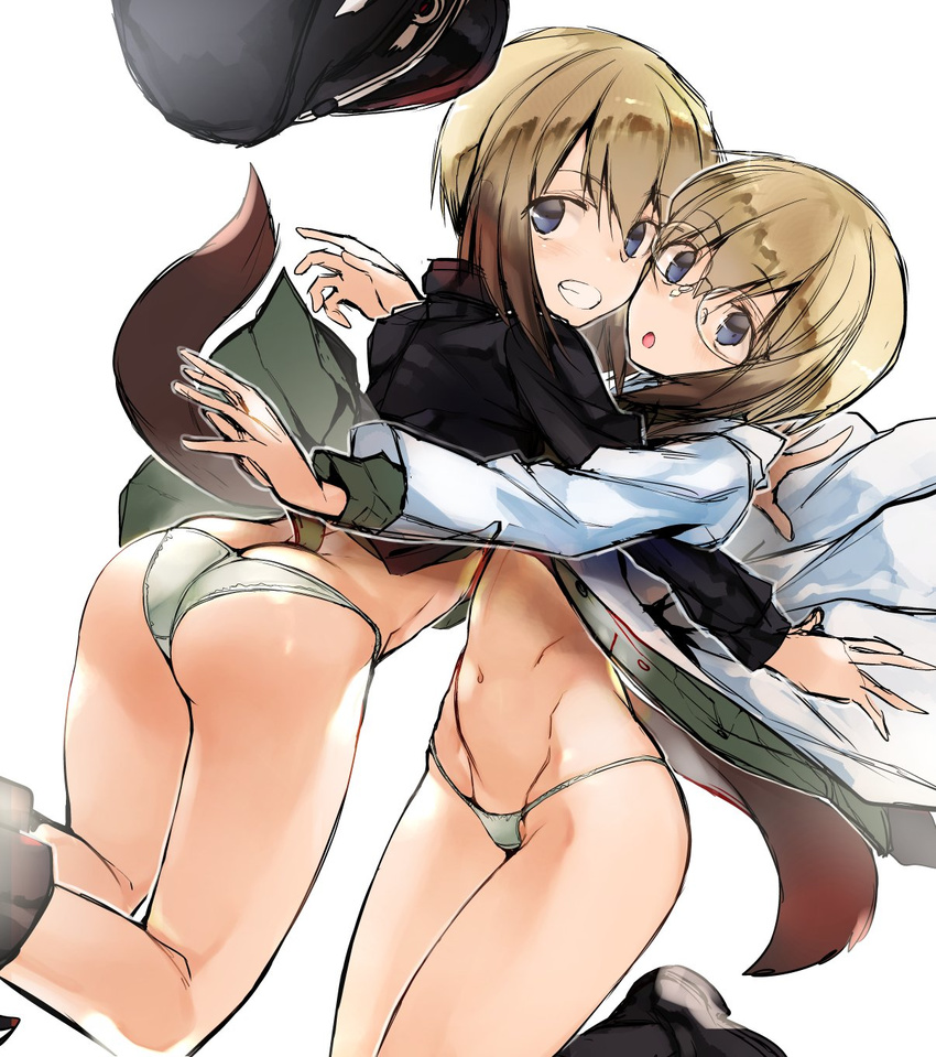 ass blonde_hair blue_eyes blush erica_hartmann glasses groin hat highres looking_at_viewer military military_hat military_uniform multiple_girls navel nishiide_kengorou panties siblings simple_background sisters smile strike_witches tail twins underwear uniform ursula_hartmann white_background white_panties work_in_progress world_witches_series
