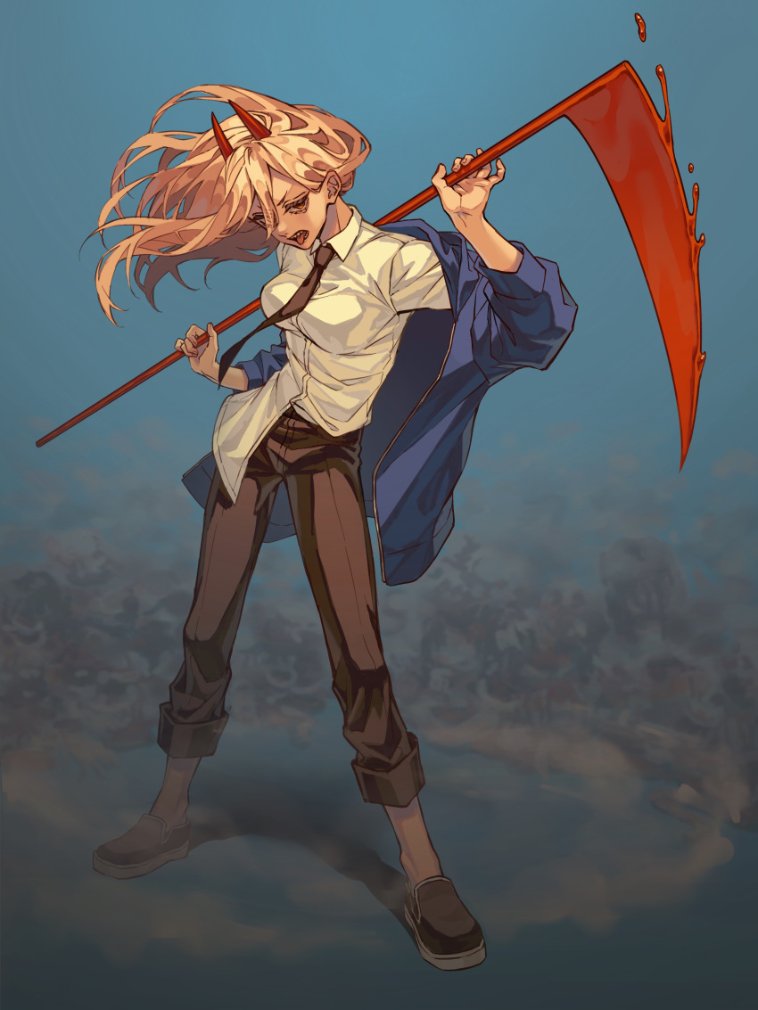 absurdres black_footwear blonde_hair blood blue_jacket chainsaw_man collared_shirt dust_cloud highres horns jacket long_hair necktie office_lady orange_eyes pants pantyhose power_(chainsaw_man) scythe sharp_teeth shirt teeth tongue tongue_out white_shirt