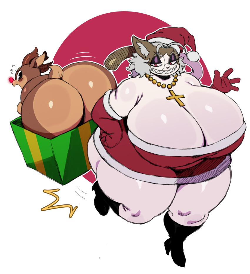 absurd_res anthro big_butt biped blush breasts butt cleavage clothed clothing crossgender deer domestic_cat duo eyelashes eyewear felid feline felis female footwear glasses hi_res huge_butt mammal mtf_crossgender new_world_deer ophelia_(sssonic2) pupils reindeer rudolph_the_red-nosed_reindeer shoes sssonic2 thick_thighs