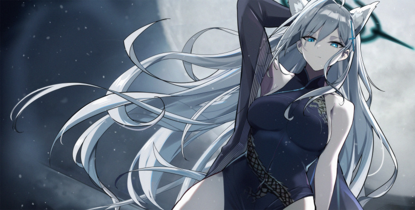 1girl absurdres animal_ears arm_up black_dress blue_archive blue_eyes breasts changpan_hutao china_dress chinese_clothes closed_mouth coat cosplay covered_navel cross_hair_ornament dark_halo dragon_print dress extra_ears grey_coat grey_hair hair_ornament halo highres kisaki_(blue_archive) kisaki_(blue_archive)_(cosplay) large_breasts long_hair long_sleeves mismatched_pupils open_clothes open_coat shiroko_(blue_archive) shiroko_terror_(blue_archive) sideboob sleeveless sleeveless_dress solo wolf_ears