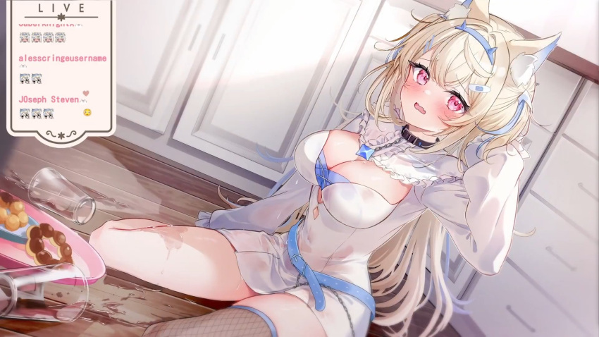 1girl animal_ear_fluff animal_ears arm_behind_head belt blonde_hair blue_belt blue_hair blue_hairband breasts center_frills chain chain_leash cleavage cleavage_cutout clothing_cutout commentary crossed_bangs dog_ears dog_girl doughnut dress english_commentary food frills fuwawa_abyssgard glass hair_between_eyes hairband highres hololive hololive_english horn_hairband indoors large_breasts leash long_hair long_sleeves looking_at_viewer multicolored_hair noshichama pink_eyes plate pon_de_ring puffy_long_sleeves puffy_sleeves single_fishnet_legwear sitting skindentation solo spilling two-tone_hair white_dress