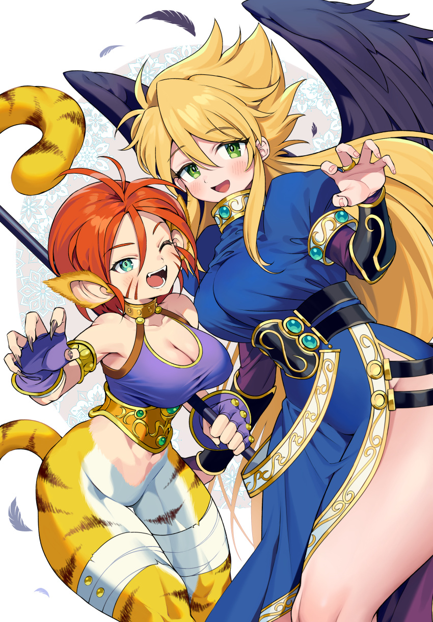 2girls absurdres animal_ears aqua_eyes black_wings blonde_hair blue_dress breasts breath_of_fire breath_of_fire_ii claw_pose claws cleavage commission dress facial_mark feathered_wings fingerless_gloves gloves green_eyes highres iroyopon long_hair medium_breasts multiple_girls nina_(breath_of_fire_ii) one_eye_closed open_mouth pixiv_commission red_hair rinpoo_chuan short_hair side_slit smile tail tiger_ears tiger_girl tiger_tail very_long_hair whisker_markings wings