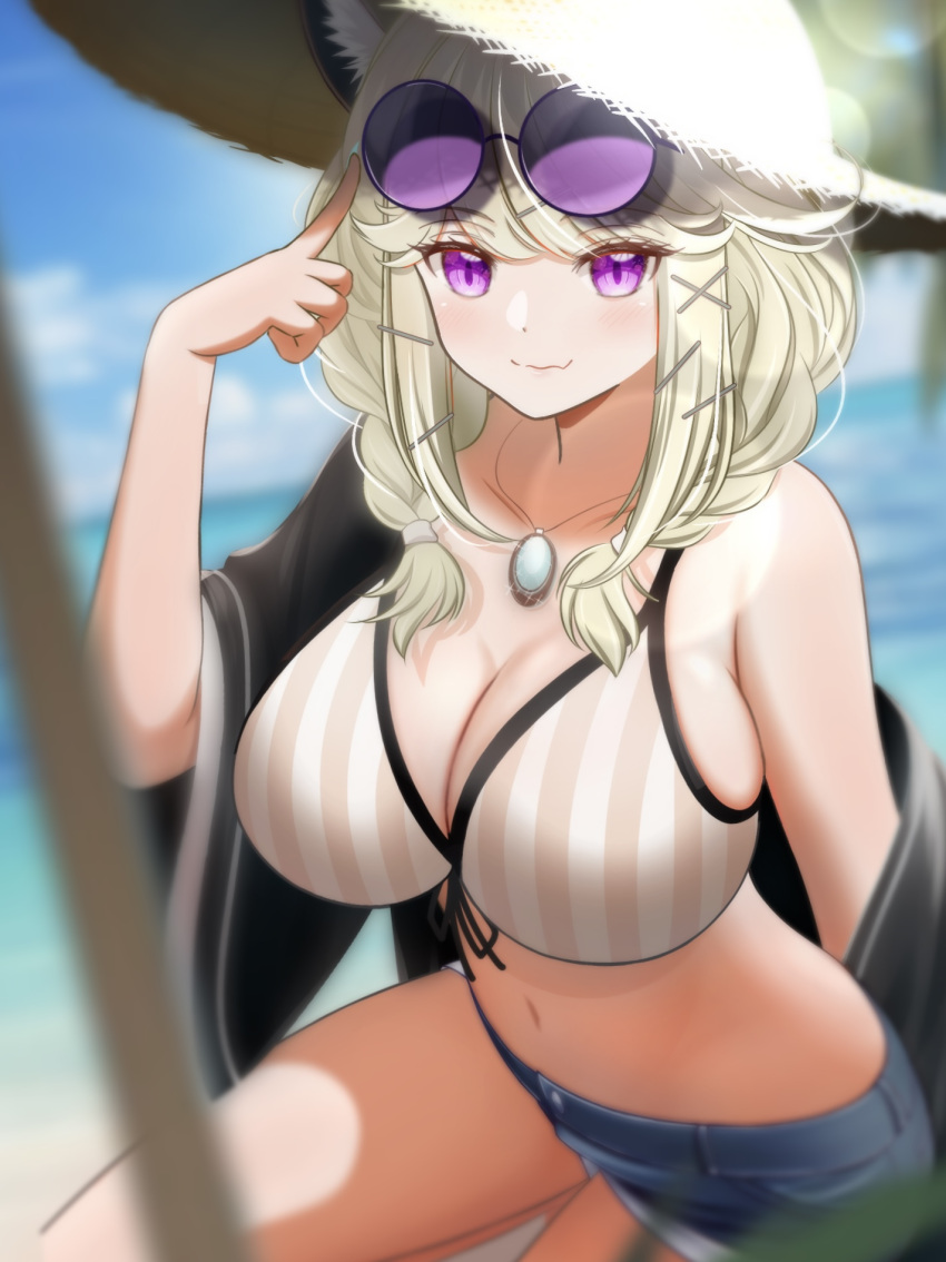 1girl adjusting_eyewear arknights bikini blonde_hair blue_shorts blue_sky blurry blurry_background breasts cleavage commentary day eyewear_on_head hair_ornament hairclip hand_up hat highres jewelry large_breasts looking_at_viewer medium_hair navel necklace official_alternate_costume outdoors purple-tinted_eyewear purple_eyes redeye_tmirm round_eyewear short_shorts shorts sky smile solo stomach striped striped_bikini sun_hat sunglasses swimsuit tinted_eyewear utage_(arknights) utage_(summer_flowers)_(arknights) x_hair_ornament