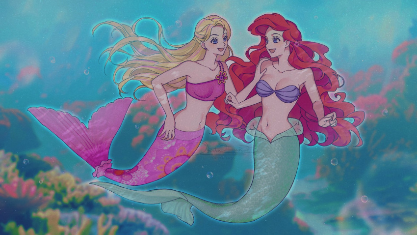 2girls ariel_(disney) barbie_(character) barbie_(franchise) barbie_in_a_mermaid_tale barbie_movies bikini blonde_hair blue_eyes breasts crop_top curly_hair disney fins floral_print green_tail hand_on_another's_shoulder highres jewelry long_hair medium_breasts merliah_(barbie) mermaid monster_girl multicolored_hair multiple_girls navel necklace okitafuji pink_hair pink_shirt pink_tail red_hair shell shell_bikini shirt streaked_hair swimming swimsuit the_little_mermaid underwater
