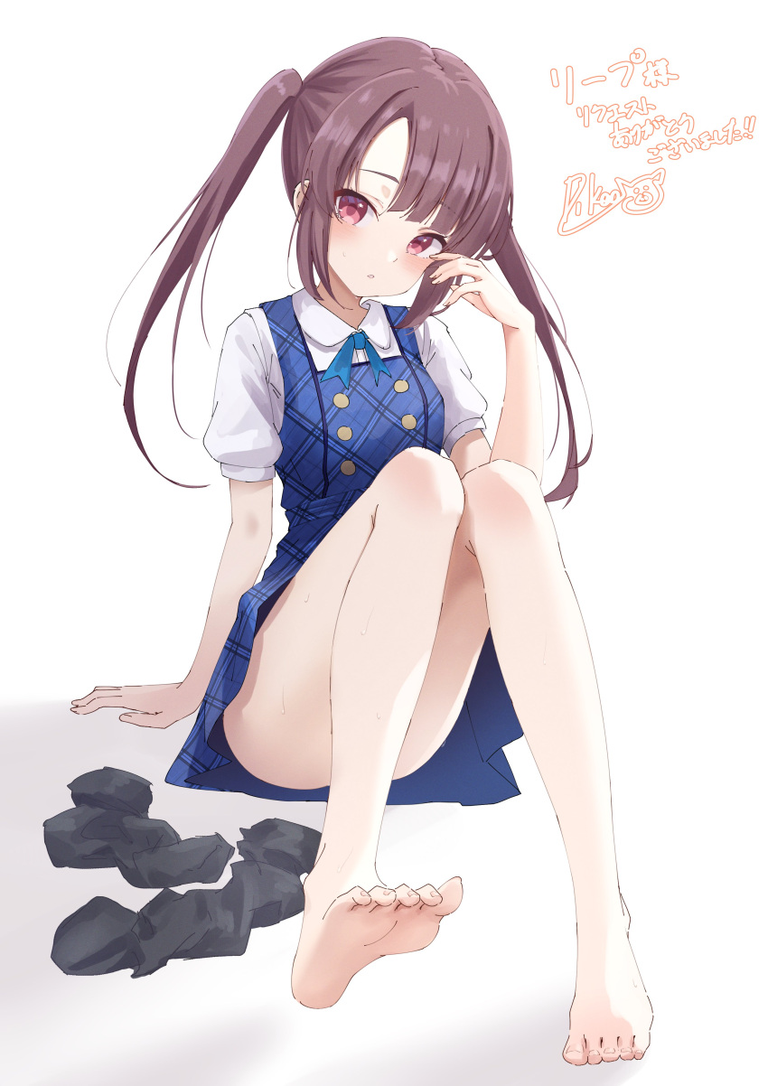 1girl absurdres arm_support bare_legs barefoot black_socks blue_dress blue_ribbon blush brown_hair buttons commission convenient_leg double-breasted dress feet full_body hand_up highres knees_together_feet_apart knees_up legs long_hair looking_at_viewer neck_ribbon ongeki pikao puffy_short_sleeves puffy_sleeves ribbon second-party_source shadow shinonome_tsumugi short_sleeves signature simple_background sitting socks soles solo toenails toes twintails unworn_socks white_background