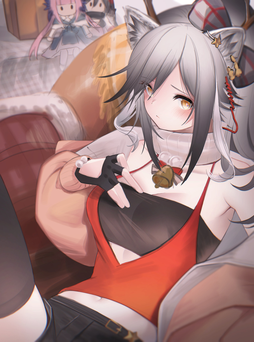 1girl absurdres animal_ears arknights bandeau bell black_bandeau black_gloves black_skirt black_thighhighs blush breasts cat_ears cat_girl ceylon_(arknights) character_doll cleavage fingerless_gloves gloves grey_hair highres looking_at_viewer medium_breasts neck_bell official_alternate_costume reclining red_shirt scarf schwarz_(arknights) schwarz_(presents)_(arknights) shirt skirt solo thighhighs upper_body white_scarf yellow_eyes yunnasu