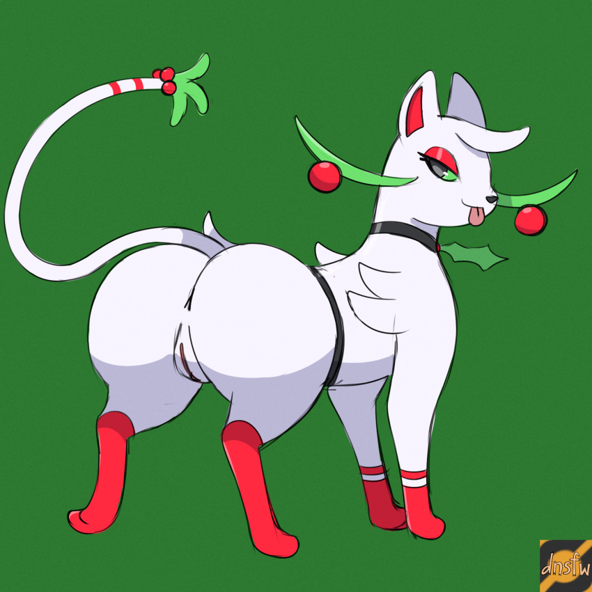 1:1 anus black_sclera darknsfwindie digital_media_(artwork) fakemon female feral food fruit genitals green_eyes hi_res holidays holly_(plant) junipurr looking_back meowsletoe plant pussy quadruped seductive simple_background smile solo tail tongue tongue_out white_body