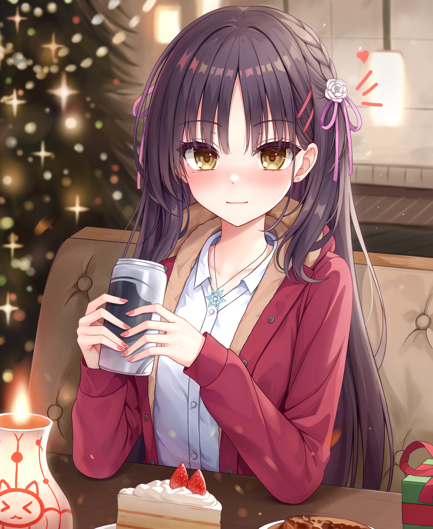 1girl absurdres black_hair blurry blurry_background blush braid cafe_stella_to_shinigami_no_chou cake cake_slice can candle casual cc_lin chinese_commentary christmas christmas_tree closed_mouth coat collared_shirt commentary earrings elbows_on_table english_commentary eyelashes eyes_visible_through_hair flower food fruit fur-trimmed_hood fur_trim hair_between_eyes hair_flower hair_ornament hair_ribbon hands_up heart highres holding holding_can hood hood_down indoors jewelry long_hair looking_at_viewer mixed-language_commentary mole mole_under_eye nail_polish notice_lines official_alternate_costume open_clothes open_coat pink_nails pink_ribbon red_coat ribbon rose shiki_natsume shirt side_braid sitting smile smug snowflake_necklace snowflakes solo sparkle straight_hair strawberry stud_earrings upper_body variant_set very_long_hair white_flower white_rose white_shirt yellow_eyes