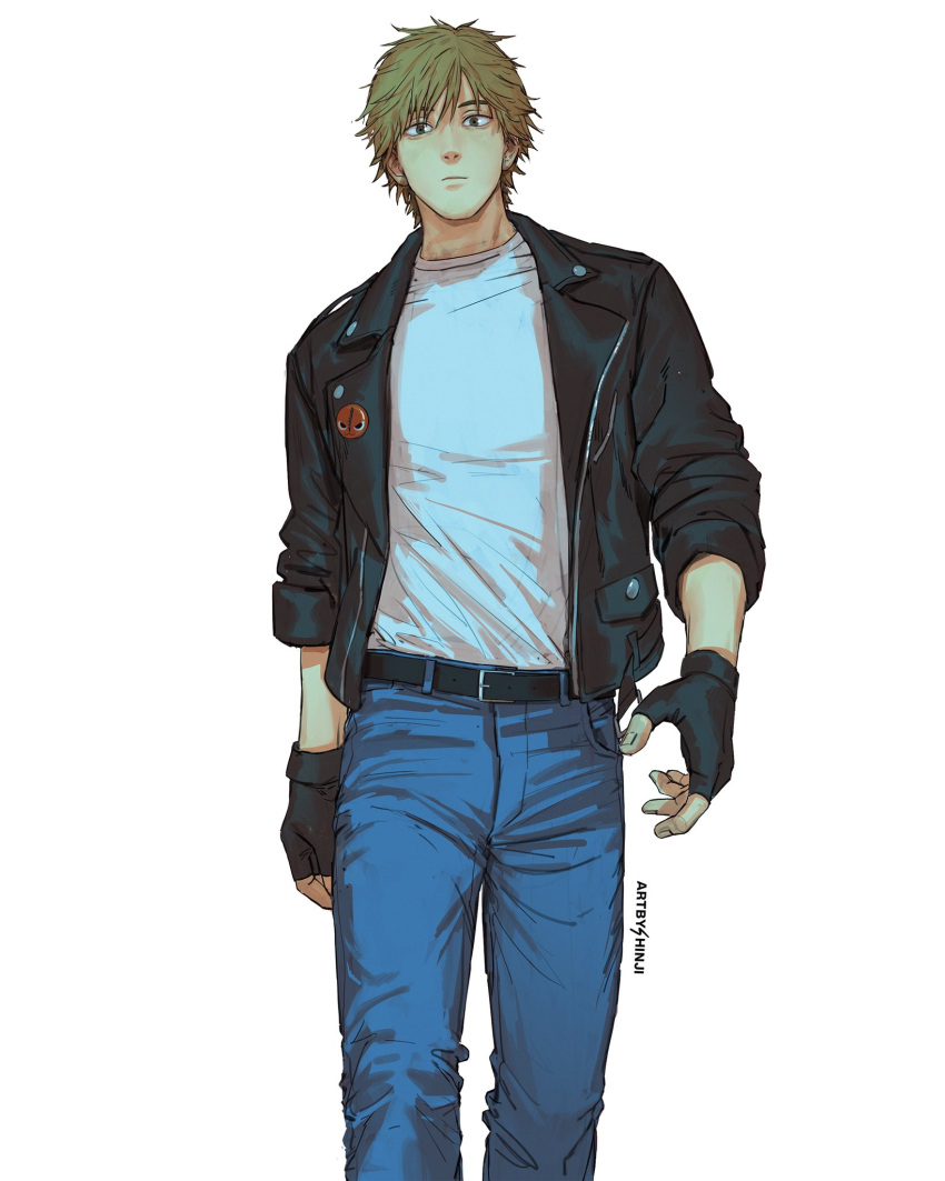 1boy artbyshinji artist_name belt belt_buckle biker_clothes black_belt black_gloves black_jacket blonde_hair buckle chainsaw_man closed_mouth cropped_legs denim denji_(chainsaw_man) fingerless_gloves gloves highres jacket jeans leather leather_jacket looking_at_viewer male_focus pants pochita_(chainsaw_man) shirt short_hair simple_background sleeves_rolled_up solo standing walking white_background white_shirt