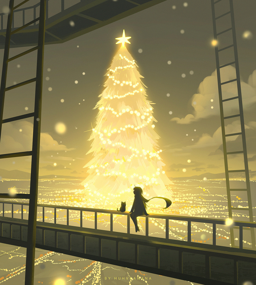 1girl artist_name backlighting cat christmas christmas_tree city cloud dusk highres huhv. ladder original outdoors oversized_object scarf scenery silhouette sitting sky snow solo wide_shot