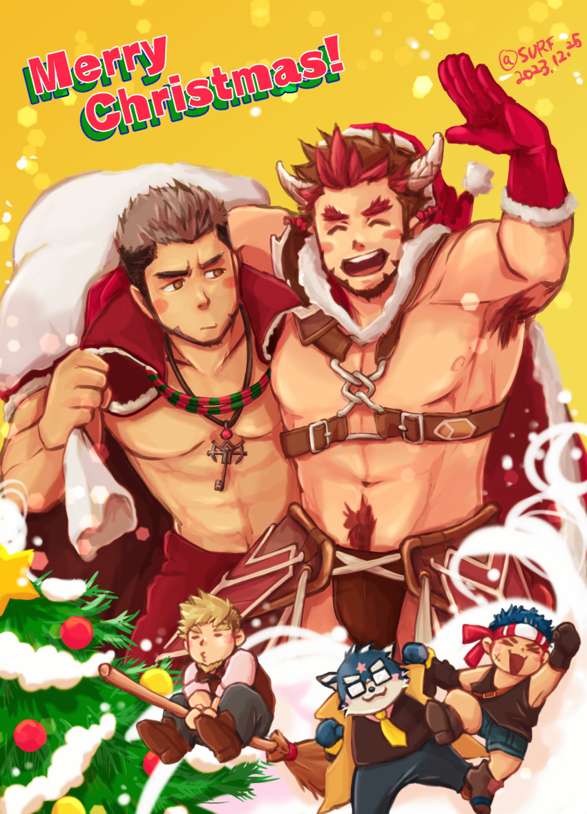 2boys abs absurdres alternate_costume archem_(crave_saga) arm_up armpits bara black_male_underwear blue_hair blush briefs broom broom_riding brown_eyes brown_hair cape chest_belt chest_harness chibi christmas_tree closed_eyes closed_mouth coat crave_saga dog_boy facial_hair facial_mark fur-trimmed_cape fur-trimmed_gloves fur-trimmed_jacket fur_trim glasses gloves goatee goggles goggles_around_neck grey_hair harness hat headband high_collar highres holding holding_sack jacket jacket_on_shoulders jewelry key key_necklace looking_at_another lucion_(crave_saga) male_focus male_underwear merry_christmas multiple_boys muscular muscular_male navel_hair necklace necktie open_mouth pants pectorals red_cape red_gloves red_hair red_pants sack safu_(maimai3737) santa_hat short_hair shorts smile stannis_(crave_saga) star_(symbol) star_facial_mark tagmard_(crave_saga) tank_top undercut underwear v-shaped_eyebrows vastor_(crave_saga) vest yaoi yellow_background