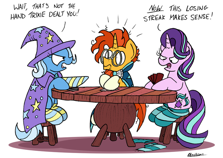 2017 bobthedalek cape clothed clothing dialogue english_text equine eyewear female feral friendship_is_magic glasses group hair hi_res horn mammal multicolored_hair my_little_pony simple_background starlight_glimmer_(mlp) sunburst_(mlp) table text trixie_(mlp) two_tone_hair unicorn white_background