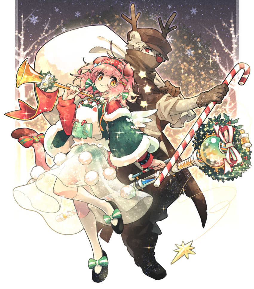 1boy 1girl ahoge animal_ears antlers arknights bear_boy bear_ears black_footwear blue_bow blush bow brown_coat brown_gloves brown_headwear candy carrying_over_shoulder cat_ears cat_girl cat_tail christmas christmas_wreath coat commentary cosplay detached_sleeves flats floppy_ears floral_print flower food fur-trimmed_sleeves fur_trim gloves goldenglow_(arknights) goldenglow_(maiden_for_the_bright_night)_(arknights) green_bow green_sleeves grey_hair hair_bow hair_ornament hairband hairclip highres holding holding_candy holding_food holding_instrument holding_staff horn_(instrument) infection_monitor_(arknights) instrument layered_sleeves long_sleeves looking_at_viewer mask morini_ochiteru mouth_mask pink_hair poinsettia pom_pom_(clothes) print_hairband red_(npc)_(arknights) red_eyes red_hairband reindeer_antlers rudolph_the_red_nosed_reindeer rudolph_the_red_nosed_reindeer_(cosplay) sack shoes skirt smile snowflakes socks staff standing tail tail_bow tail_ornament white_flower white_skirt white_socks wreath x_hair_ornament yellow_eyes