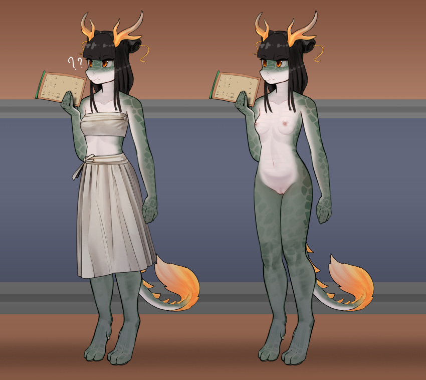 anotherpic anthro breasts dark_hair dragon female green_body hi_res horn model_sheet nude orange_eyes simple_background small_breasts solo tail
