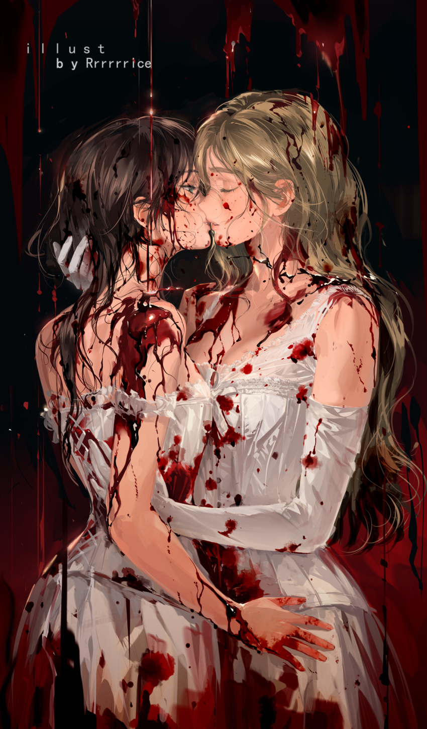 2girls artist_name bare_shoulders blonde_hair blood blood_in_hair blood_on_clothes blood_on_face blood_on_hands blue_eyes breasts brown_hair closed_eyes dress from_side gloves highres imminent_kiss long_hair looking_at_another multiple_girls original parted_lips rrr_(reason) sleeveless sleeveless_dress white_dress white_gloves yuri