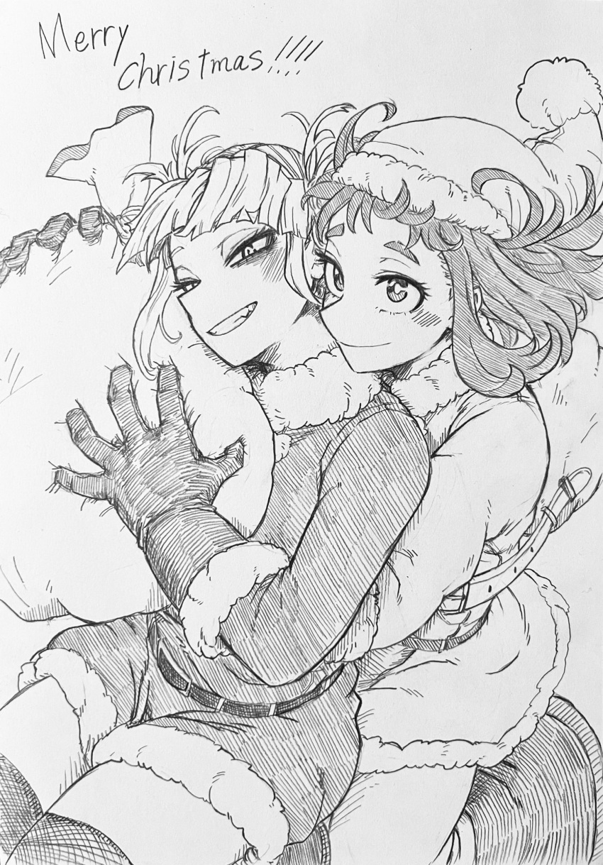 2girls bag bags_under_eyes belt blush boku_no_hero_academia christmas couple double_bun dress gloves greyscale hair_bun hat highres hug hug_from_behind light_smile looking_at_viewer merry_christmas monochrome multiple_girls nagatomo1565 santa_costume santa_dress santa_gloves santa_hat short_hair simple_background smile thighs toga_himiko uraraka_ochako white_background yuri