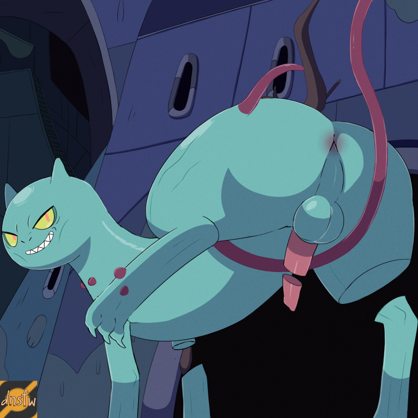 adventure_time anus backsack balls blue_body butt cartoon_network claws darknsfwindie digital_media_(artwork) domestic_cat dungeon dungeon_cat_(adventure_time) felid feline felis feral genitals hi_res looking_at_viewer looking_back male mammal penis raised_leg rear_view smile smirk solo