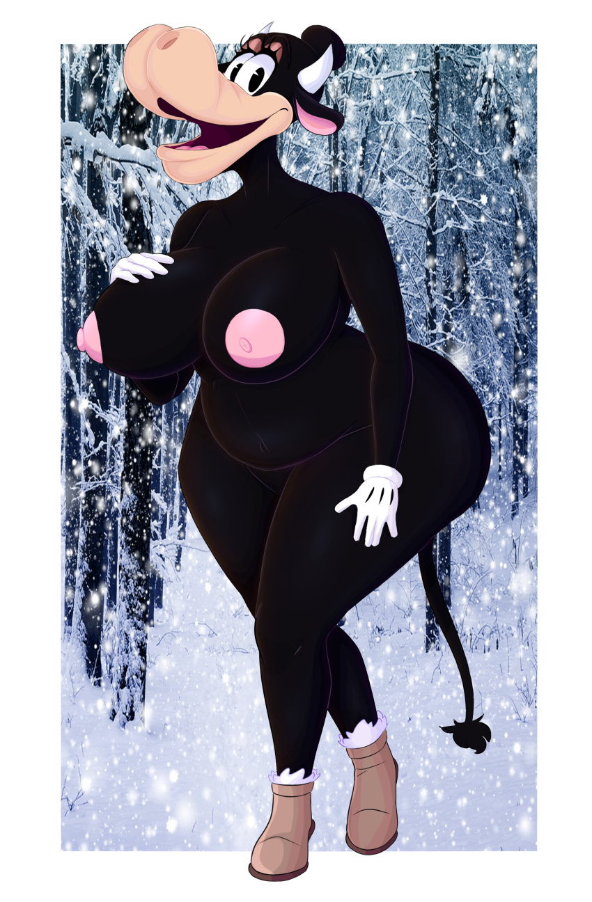 absurd_res anthro belly big_breasts big_butt boolishclara boots bovid bovine breasts butt cattle clarabelle_cow clothing disney female footwear hi_res huge_breasts huge_butt mammal pinup pose thick_thighs winter