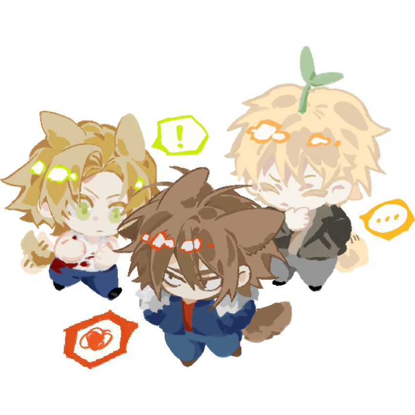 ! ... 3boys animal_ears atou_haruki blonde_hair blood blood_on_clothes blue_jacket blue_pants brown_eyes brown_hair brown_shirt chibi chinese_commentary closed_eyes closed_mouth commentary_request dog_boy dog_ears dog_tail grey_pants hair_between_eyes hand_in_pocket hand_on_own_chin hands_in_pockets highres isoi_reiji jacket light_brown_hair male_focus multiple_boys no_nose open_clothes open_jacket pants parted_bangs pusisisi red_shirt saibou_shinkyoku sanpaku shinano_eiji shirt simple_background spoken_ellipsis spoken_exclamation_mark spoken_squiggle sprout_on_head squiggle tail tail_wagging tank_top white_background white_tank_top