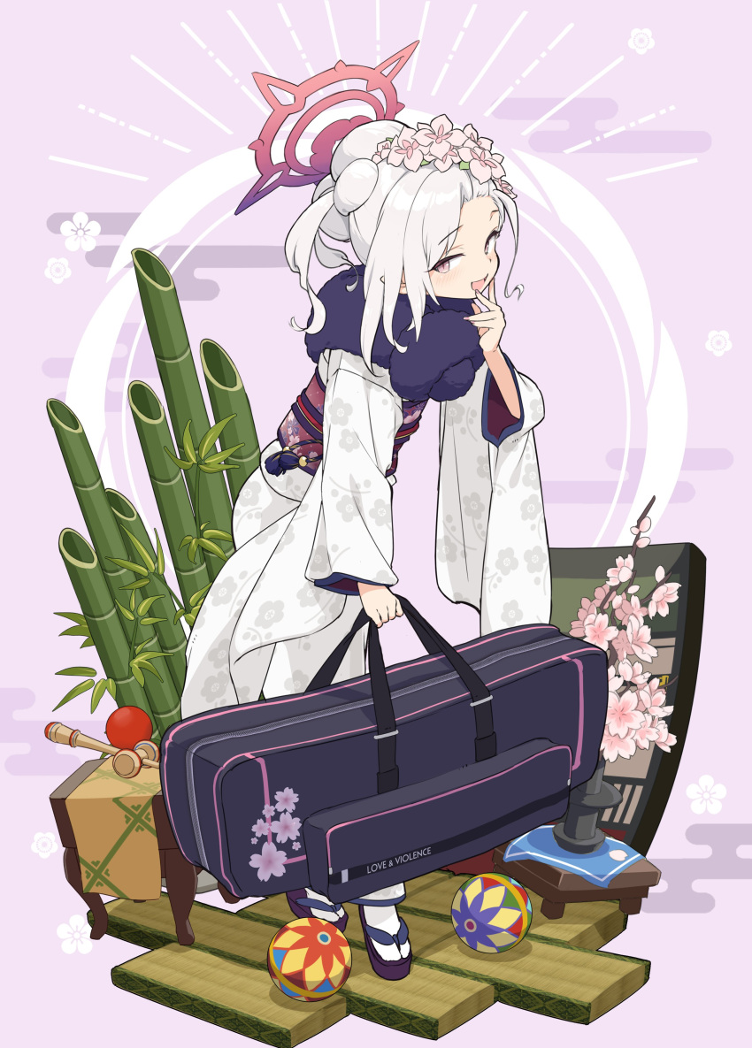 1girl absurdres aka_ringo bag ball blue_archive duffel_bag floral_print flower full_body fur_collar grey_hair hair_flower hair_ornament halo hand_to_own_mouth highres holding holding_bag japanese_clothes kimono long_sleeves looking_at_viewer mutsuki_(blue_archive) mutsuki_(new_year)_(blue_archive) obi open_mouth pink_eyes pink_flower sash simple_background solo standing white_kimono wide_sleeves