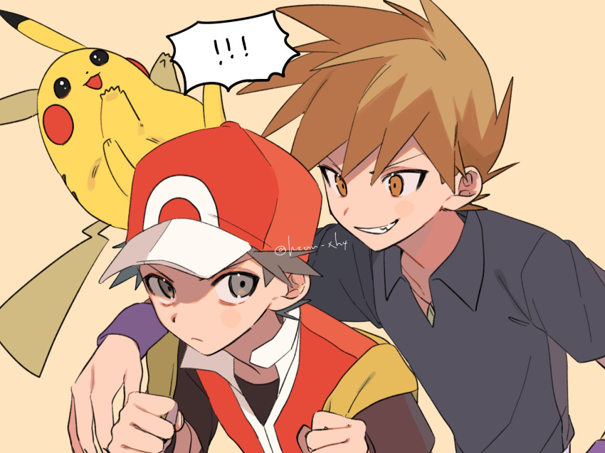 2boys blue_oak brown_eyes brown_hair closed_mouth collared_shirt commentary_request hands_up hat highres holding_strap jewelry male_focus momotose_(hzuu_xh4) multiple_boys necklace pikachu pokemon pokemon_(creature) pokemon_frlg purple_wristband red_(pokemon) red_headwear shirt short_hair short_sleeves spiked_hair t-shirt upper_body vest wristband