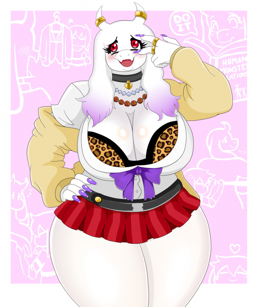animal_print anthro big_breasts blush blush_lines boss_monster bottomwear bovid bra bra_peek breasts caprine choker cleavage clothed clothing colored_nails dipstick_ears duo eyelashes female floppy_ears frisk_(undertale) front_view fur goat gyaru hand_on_hip hi_res horn horn_jewelry horn_ring huge_breasts human jewelry leopard_print leopard_print_bra lop_ears mammal microskirt miniskirt multicolored_ears nails necklace pink_background purple_body purple_fur purple_nails red_bottomwear red_clothing red_eyes red_skirt ring ring_(jewelry) simple_background skirt tan_clothing tan_topwear thick_thighs topwear toriel undertale undertale_(series) underwear urusee584 white_background white_body white_clothing white_fur white_horn white_topwear wide_hips