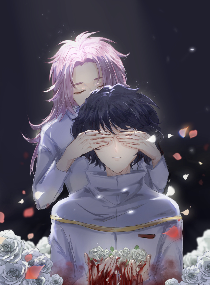 2boys achenyinmeiyouqingshang40916 black_hair blood blood_on_hands capelet chinese_commentary closed_eyes commentary_request covering_another's_eyes flower gold_trim hands_up hatsutori_hajime highres holding holding_flower long_hair long_sleeves male_focus multiple_boys parted_lips rose saibou_shinkyoku shirt short_hair utsugi_noriyuki white_capelet white_flower white_rose white_shirt
