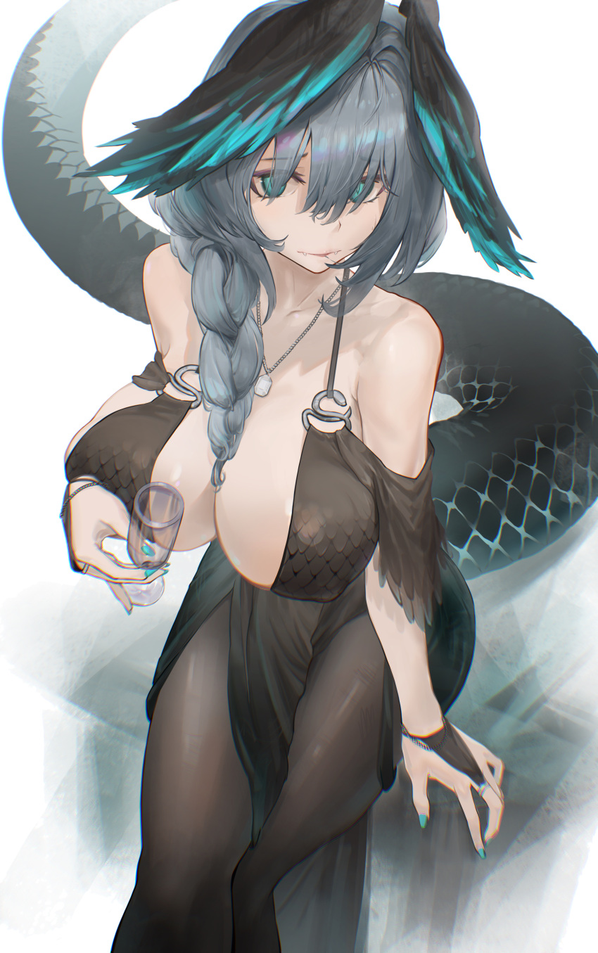 1girl absurdres aqua_eyes aqua_nails arknights bare_shoulders black_dress black_pantyhose braid breasts cleavage covered_nipples cup dress fangs fangs_out feet_out_of_frame hair_over_eyes head_wings highres ho'olheyak_(arknights) holding holding_cup large_breasts long_hair looking_at_viewer nail_polish pantyhose simple_background sitting slox snake_tail solo tail white_background wings