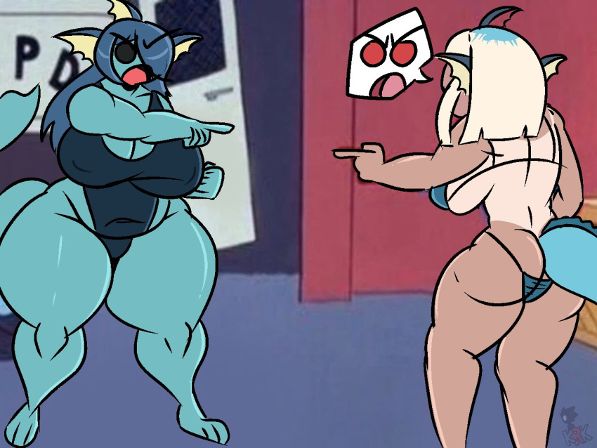 anthro barefoot big_breasts bikini bikini_bottom bikini_top blonde_hair blue_body blue_hair blue_tail breasts butt chubby_female clothing eeveelution feet female fin generation_1_pokemon hair head_fin humanoid kingretrokirby meme nintendo open_mouth pokemon pokemon_(species) red_eyes spider-man_pointing_at_spider-man suntan swimwear tail tan_body tan_line tan_skin vaporeon