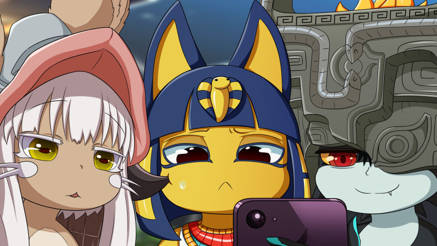 1other 2girls :&lt; absurdres animal_crossing animal_ears ankha_(animal_crossing) black_hair black_skin blue_hair blunt_bangs cat_ears cat_girl closed_mouth colored_sclera colored_skin commentary crossover english_commentary fang fang_out frown furry furry_female furry_other grey_skin hair_ornament helmet highres long_hair made_in_abyss medium_bangs midna multicolored_skin multiple_crossover multiple_girls nanachi_(made_in_abyss) open_mouth rabbit_ears red_eyes short_hair smile smugbuns snake_hair_ornament the_legend_of_zelda the_legend_of_zelda:_twilight_princess two-tone_skin upper_body whisk white_hair yellow_sclera