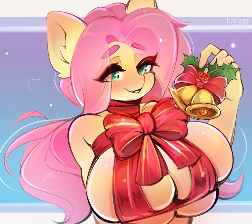 anthro big_breasts bow_ribbon breast_squish breasts christmas cleavage clothed clothing equid equine female fluttershy_(mlp) friendship_is_magic haokan hasbro hi_res holidays holly_(plant) horse looking_at_viewer mammal my_little_pony pinup plant pony pose ribbons smile smiling_at_viewer solo squish