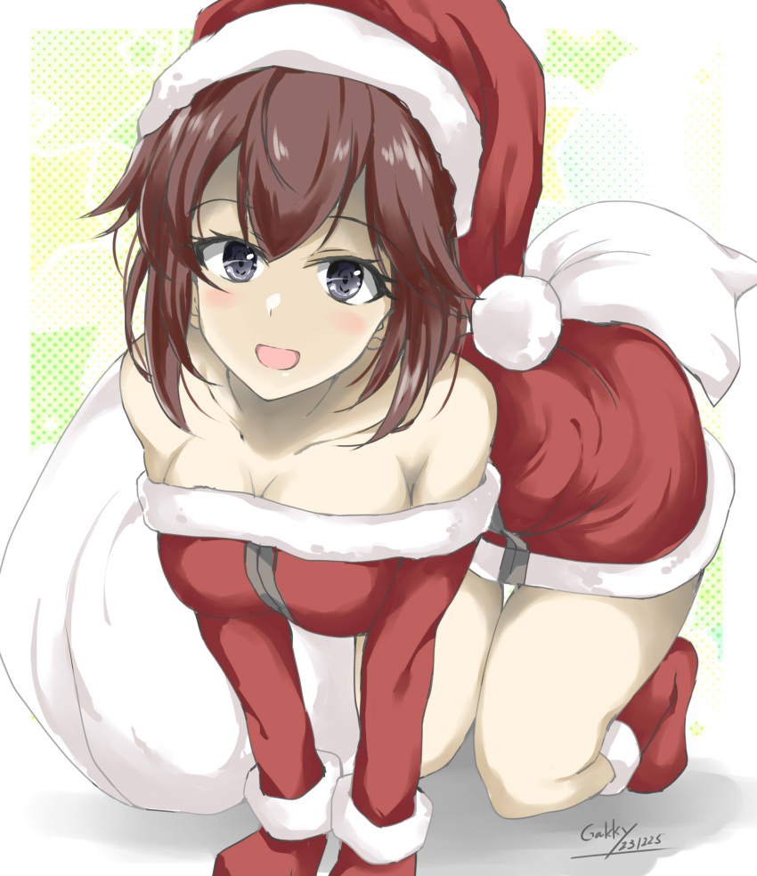 1girl all_fours black_eyes breasts brown_hair cleavage dress fur-trimmed_dress fur-trimmed_headwear fur_trim gakky hat hayasui_(kancolle) highres kantai_collection looking_at_viewer medium_breasts one-hour_drawing_challenge red_dress sack santa_dress santa_hat short_hair solo