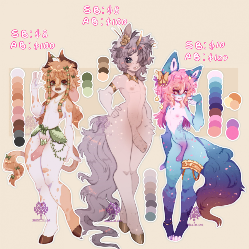 accessory animal_genitalia anthro blue_body blue_fur bovid bovine canid canine cattle crossed_legs equid equine equine_genitalia foreskin fox full-length_portrait fur genitals girly group hair hair_accessory hi_res hooves horn jewelry leg_markings male mammal markings messy_hair multicolored_body multicolored_fur necklace penis pink_body portrait ribbons simple_background small_waist sweetykai tail text thick_thighs trio unicorn wide_hips