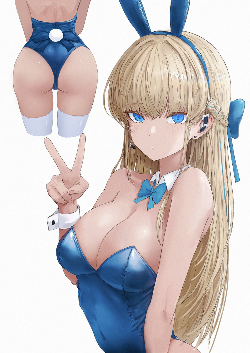 1girl animal_ears aqua_bow aqua_bowtie ass blonde_hair blue_archive blue_bow blue_eyes blue_hairband blue_leotard blush bow bowtie braid breasts cleavage covered_navel detached_collar earpiece earrings expressionless fake_animal_ears fake_tail hair_bow hairband highleg highleg_leotard highres jewelry large_breasts leotard long_hair looking_at_viewer multiple_views official_alternate_costume playboy_bunny rabbit_ears rabbit_tail simple_background solo strapless strapless_leotard stud_earrings suang tail thighhighs toki_(blue_archive) toki_(bunny)_(blue_archive) v white_background white_thighhighs white_wrist_cuffs wrist_cuffs