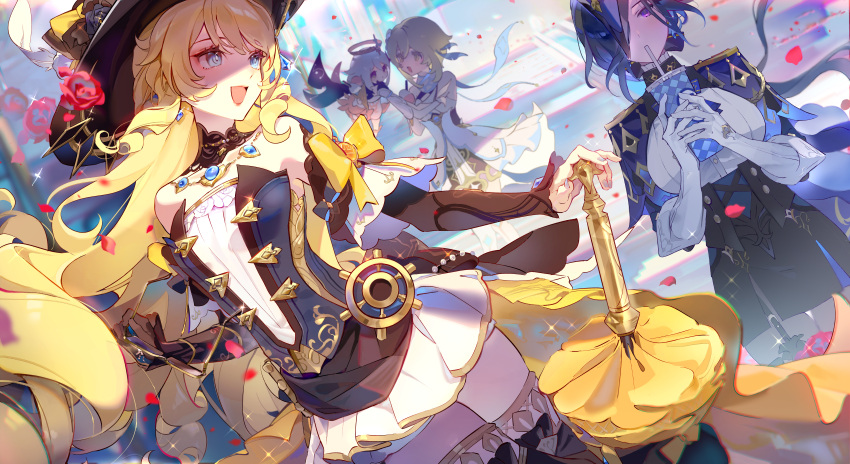4girls :d absurdres ascot bare_shoulders black_gloves black_headwear black_skirt blonde_hair blue_ascot blue_cape blue_eyes blue_gemstone blue_hair blue_headwear blue_nails bow cape clorinde_(genshin_impact) cup dark_blue_hair dress drill_hair drill_sidelocks drinking drinking_straw dutch_angle epaulettes falling_petals flower fold-over_gloves gem genshin_impact gloves hair_over_one_eye halo hat_feather high-waist_skirt highres holding holding_cup holding_umbrella long_hair looking_at_viewer lumine_(genshin_impact) miermere multiple_girls navia_(genshin_impact) open_mouth paimon_(genshin_impact) petals purple_eyes red_flower red_rose rose sidelocks single_glove skirt smile thigh_gap umbrella very_long_hair white_dress white_gloves white_hair white_skirt yellow_bow