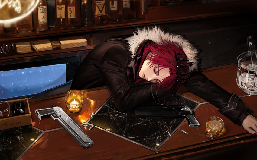 1boy absurdres alcohol bar_(place) black_jacket black_nails bottle box candle closed_mouth commentary counter crown cup curtained_hair drinking_glass english_commentary facial_mark fur-trimmed_jacket fur_trim gun handgun head_on_table highres holostars holostars_english ice ice_cube jacket jurard_t_rexford lips long_sleeves male_focus marble_(stone) nail_polish official_art paper parted_bangs red_hair short_hair sitting sleeping sleeve_cuffs smile solo tongs upper_body virtual_youtuber watch weapon wine_bottle wristwatch wz_(woyzeck)