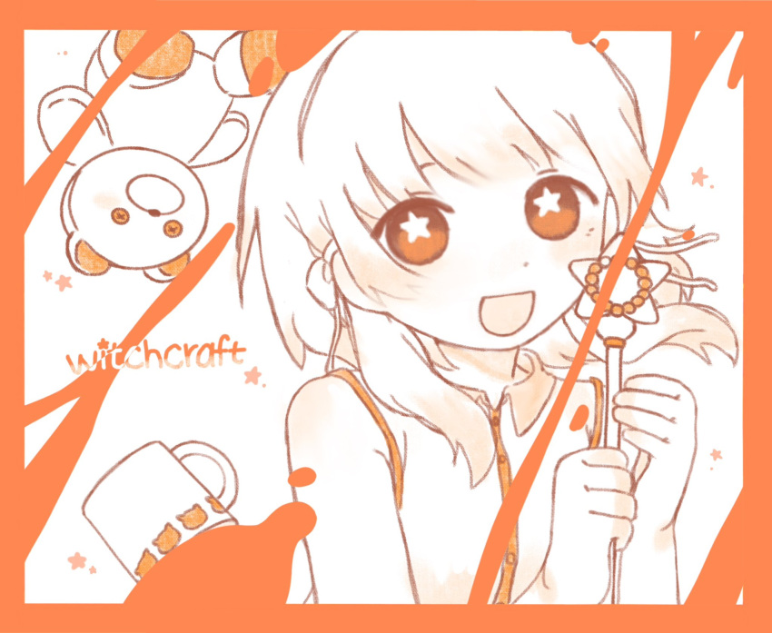 1girl blush border cai_(cabbage_0j0) collared_shirt commentary cup dear_my_witchcraft_(vocaloid) english_commentary english_text floating_hair hair_over_shoulder hairband hands_up highres holding holding_wand long_hair looking_at_viewer low_twintails monochrome mug orange_theme shirt simple_background sleeveless sleeveless_shirt smile solo song_name star-shaped_pupils star_(symbol) stuffed_animal stuffed_toy symbol-shaped_pupils teddy_bear twintails upper_body vocaloid wand
