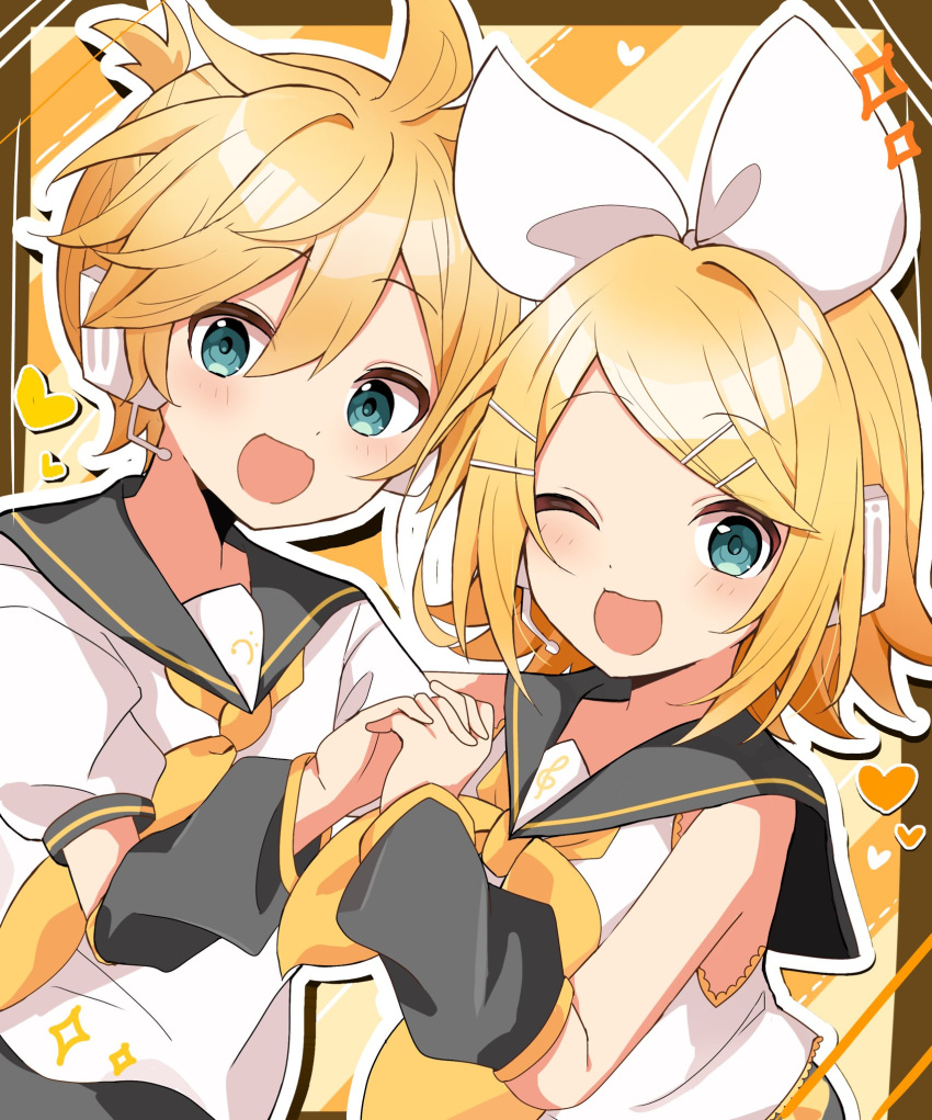 1boy 1girl :3 ahoge aqua_eyes bare_shoulders bass_clef black_sailor_collar black_sleeves blonde_hair bow brother_and_sister dani06685637224 detached_sleeves hair_between_eyes hair_bow hair_ornament hairclip headphones headset heart highres holding_hands interlocked_fingers kagamine_len kagamine_rin looking_at_viewer narrow_waist neckerchief necktie one_eye_closed open_mouth sailor_collar shirt short_hair short_ponytail siblings sleeveless sleeveless_shirt smile sparkle spiked_hair swept_bangs treble_clef twins vocaloid white_bow yellow_background yellow_neckerchief yellow_necktie yellow_theme