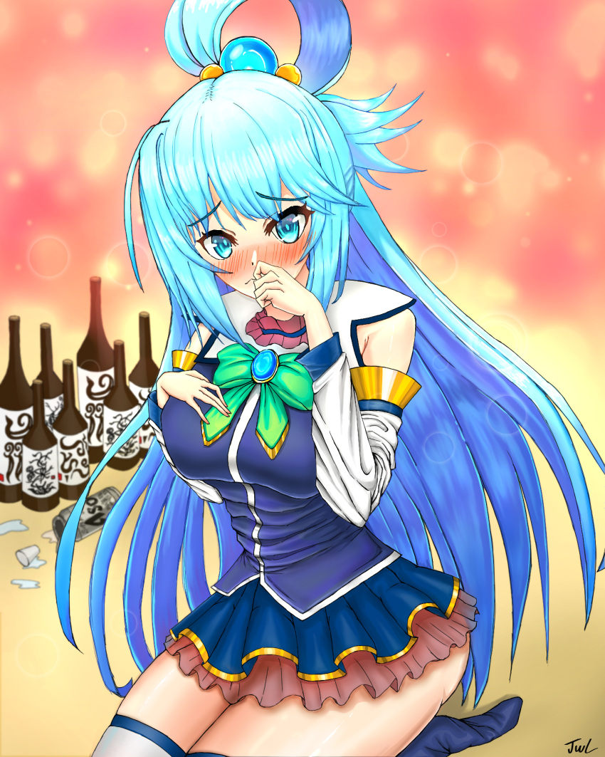 1girl aqua_(konosuba) ass blue_eyes blue_footwear blue_hair blue_shirt blue_skirt blue_thighhighs blush boots bottle bow bowtie breasts can detached_sleeves gem green_bow green_bowtie hair_between_eyes hair_ornament hair_rings highres jwl kono_subarashii_sekai_ni_shukufuku_wo! long_hair looking_at_viewer shirt single_hair_ring skirt sleeveless sleeveless_shirt solo thigh_boots thighhighs thighhighs_under_boots very_long_hair white_sleeves white_thighhighs