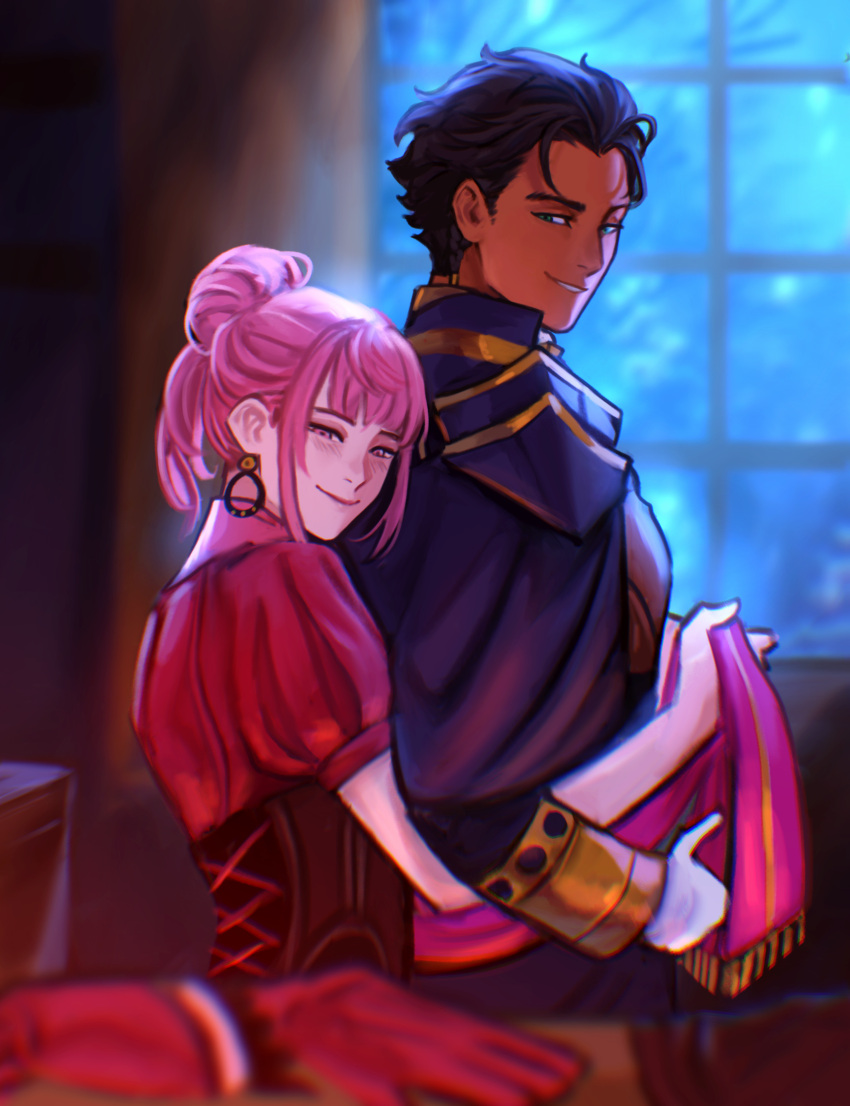 1boy 1girl absurdres armor black_hair brown_corset claude_von_riegan closed_mouth commentary commission corset curtains dark-skinned_male dark_skin dress earrings english_commentary fire_emblem fire_emblem:_three_houses fire_emblem_warriors:_three_hopes gloves green_eyes hair_bun half-closed_eyes highres hilda_valentine_goneril hoop_earrings hug hug_from_behind indoors jewelry looking_at_another official_alternate_costume pauldrons pink_dress pink_eyes pink_hair puffy_short_sleeves puffy_sleeves sash sethkiel short_sleeves shoulder_armor sidelocks single_hair_bun smile white_gloves window