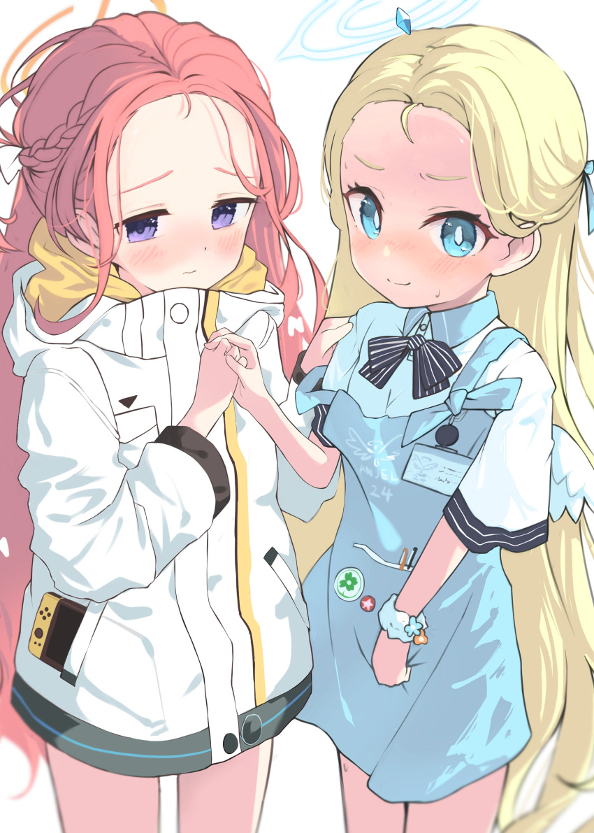 2girls absurdres angel's_24_uniform_(blue_archive) apron blonde_hair blue_apron blue_archive blue_eyes blue_halo blush closed_mouth collared_shirt cowboy_shot forehead halo haru_haruru515 highres jacket long_hair long_sleeves looking_at_viewer multiple_girls orange_halo polo_shirt purple_eyes red_hair shirt short_sleeves simple_background sora_(blue_archive) white_background white_jacket white_shirt yuzu_(blue_archive)