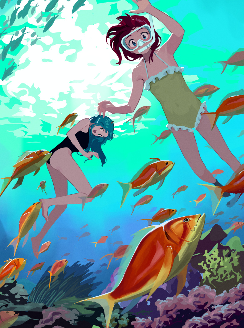 2girls aqua_background aqua_eyes aqua_hair arm_up barefoot blue_background breasts coral fish freediving frilled_one-piece_swimsuit frills goggles gradient_background highres hipa_(some1else45) legs long_hair medium_breasts multiple_girls nahia_(some1else45) one-piece_swimsuit open_mouth original red_hair seaweed small_breasts snorkel some1else45 swimming swimsuit thick_eyebrows underwater yellow_one-piece_swimsuit