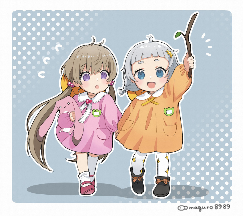 2girls :o a.i._voice ahoge arm_up asymmetrical_legwear binchou_maguro black_footwear blue_eyes blunt_bangs blush boots border brooch brown_hair child commentary_request flying_sweatdrops following full_body grey_background grey_hair hair_bobbles hair_ornament halftone halftone_background hat hat_on_back heart heart_brooch highres holding holding_hands holding_stick holding_stuffed_toy jewelry kindergarten_uniform kizuna_akari kizuna_akari_(moe) long_hair long_sleeves looking_at_another looking_at_viewer low_twintails mary_janes multiple_girls notice_lines open_mouth pantyhose puffy_long_sleeves puffy_sleeves purple_eyes red_footwear school_hat shoes single_loose_sock single_thighhigh smile sparkle_hair_ornament stick stuffed_animal stuffed_rabbit stuffed_toy thighhighs tsukuyomi_ai twintails twitter_username uneven_legwear very_long_hair voiceroid walking white_border white_pantyhose