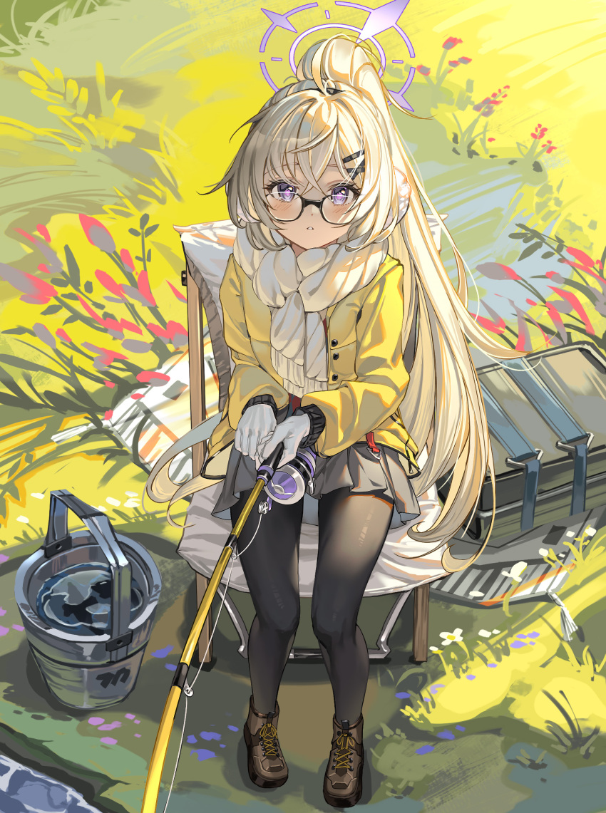 1girl absurdres al_guang black-framed_eyewear black_pantyhose blonde_hair blue_archive brown_footwear bucket fishing fishing_rod glasses grey_skirt hair_between_eyes halo highres holding holding_fishing_rod jacket kotama_(blue_archive) kotama_(camp)_(blue_archive) long_hair long_sleeves looking_at_viewer official_alternate_costume outdoors pantyhose parted_lips pleated_skirt ponytail purple_eyes purple_halo scarf shoes skirt solo white_scarf yellow_jacket