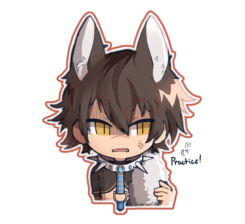 ambiguous_gender angry animal_humanoid bangs brown_hair bust_portrait canid canid_humanoid canine canine_humanoid chibi clothing collar colored crop_top cross-popping_vein english_text eyebrow_through_hair eyebrows facial_scar fangs frown gem hair hi_res humanoid inner_ear_fluff karu_(nu:_carnival) kinnencarnivaru leash leashed_collar male_(lore) mammal mammal_humanoid nu:_carnival open_mouth portrait prick_ears pupils scar shaded shirt short_hair simple_background slit_pupils solo spiked_collar spikes tan_body tan_skin teeth text topwear translucent translucent_hair tuft white_background wolf_humanoid yellow_eyes